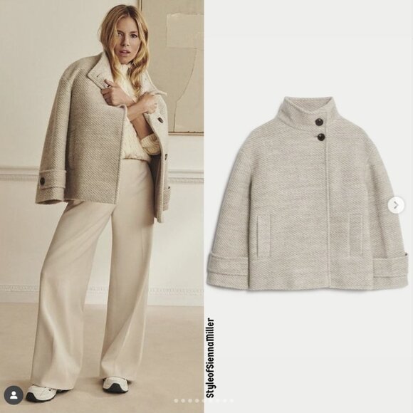 Marks&Spencer Oatmeal Twill Funnel Neck Short Wool Coat - Picture 12 of 12